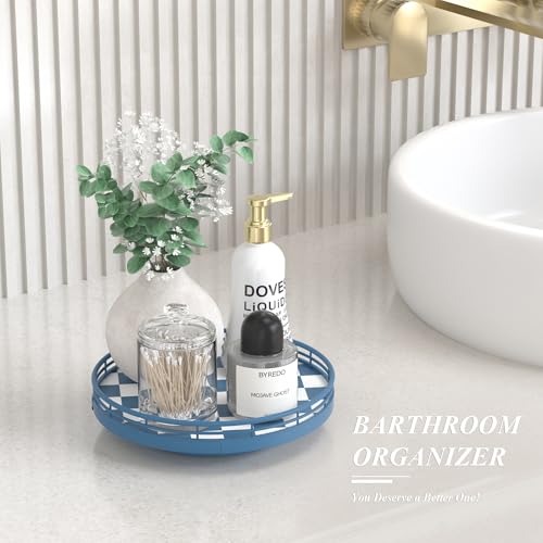 Blue and White Checkerboard Lazy Susan with Rubberwood Base and Metal Rail (Blue & White / 9 inches)