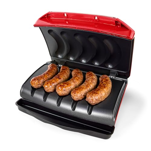 Game Day Sausage and Brat 5 Link Electric Grill with Oil Drip Tray (Red)