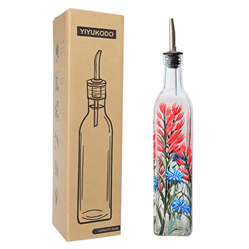 17oz Hand Painted Glass Olive Oil Bottle (Red and blue flower)