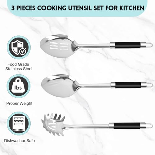 3-Piece,Stainless Steel Serving spoons set with Slotted Spoon, Serving and Spaghetti Spoon, kitchen cooking serving utensils set cooking spoon. (3 Count)