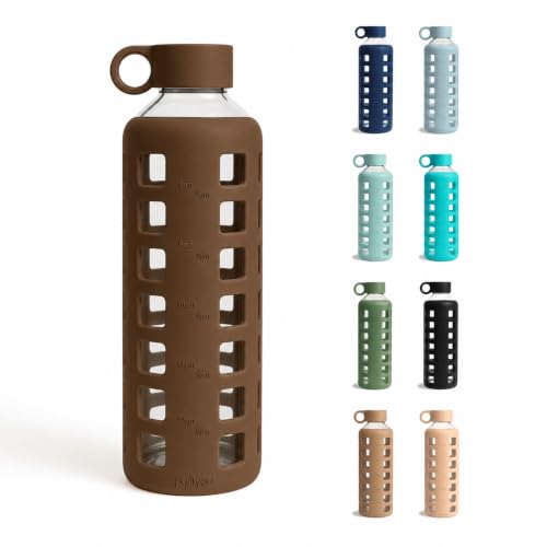 40oz / 32oz / 22oz / 12oz Borosilicate Glass Water Bottle with Time & Volume Markers, Silicone Sleeve, Stainless Steel Lid – Reusable Glass Bottle for Water & Juice (40oz Earth Brown) (Earth Brown (1 Count) / 40 Ounces)