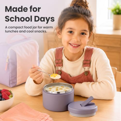 12oz Insulated Vacuum Food Jar with Buckle Lid Wide Mouth Soup Thermo for Hot Food Kids Leakproof Stainless Steel Lunch Container (Lilac / 12OZ)