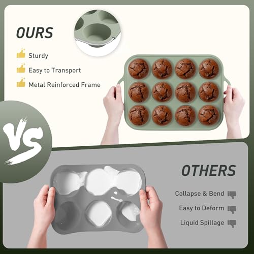 12 Cups Silicone Muffin Pan with Metal Reinforced Frame Cupcake Pan Tray Egg Molds Parents Stepdad Pawpaw Who Want Nothing Everything Future Groom Bride Law Christmas Xmas Happy Birthday Gifts Ideal (1pc: 12-Cup Regular / Morandi Green)