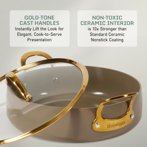 15 Piece Ceramic Nonstick Cookware Set (Cappuccino Cream w/ Gold Handle / 15-Piece Cookware Set)