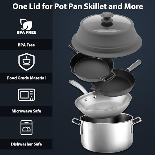 Collapsible Microwave Splatter Lid with Vented Tempered Glass Cover Wok Lid for Microwave Safe (10.5-11 inch / Grey)