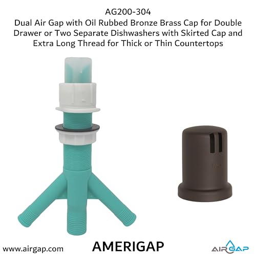 Dual Air Gap with Oil Rubbed Bronze Brass Cap for Double Drawer or Two Separate Dishwashers with Skirted Cap and Extra Long Thread for Thick or Thin Countertops (AG200-304)