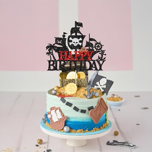 1Pcs Pirates Happy Birthday Cake Topper Pirate Ship Nautical Cake Pick for Pirates Theme Baby Shower Birthday Party Cake Decorations Supplies Red (Red 5)
