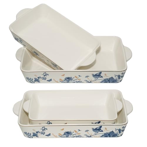 Baking Pans Set of 2 Blue flower 14 inch Ceramic for Oven Large Casserole Baking Dish Set with Handles Porcelain Bakeware Sets Casserole Dish for Oven