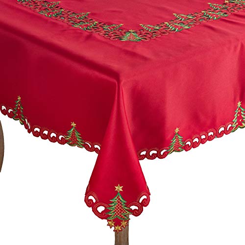 Pandoro Collection Holiday Embroidered Christmas Tree Cutwork Border 67 x 67 Inch Tablecloth (Red / 67" x 67" (Square))