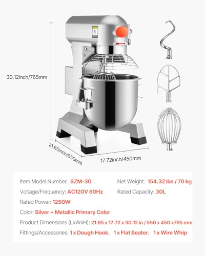 30Qt Commercial Food Mixer Timing Function 1250W Commercial Mixer
