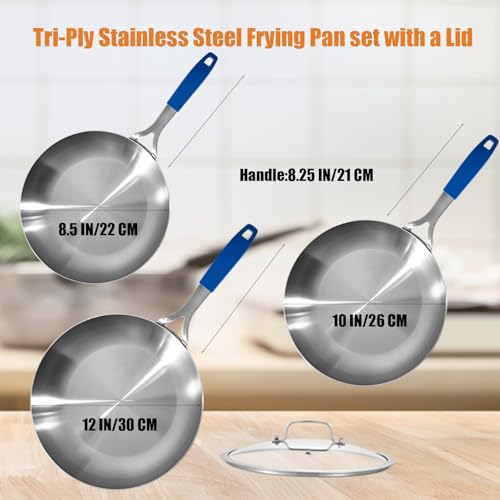 8.5-10-12" Stainless Steel Pans Set with 3 Lids, Detachable Handle
