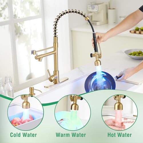 Commercial Kitchen Faucets with Pull Down Sprayer Brushed Gold LED (Brushed Gold)