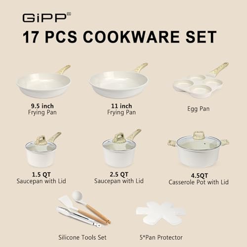 Ceramic Pots and Pans Set Non Stick (Cream White / 17 Pieces)