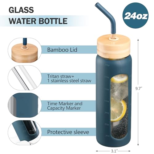 24oz Glass Water Bottle with Straw and 2 Lids (Dark Blue / 24 Ounces)