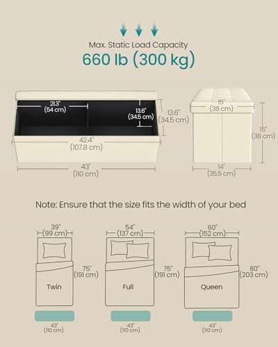 43.3 Inches Folding Storage Ottoman Bench (Cream White / 15"D x 43"W x 15"H (without Flipping Lid))