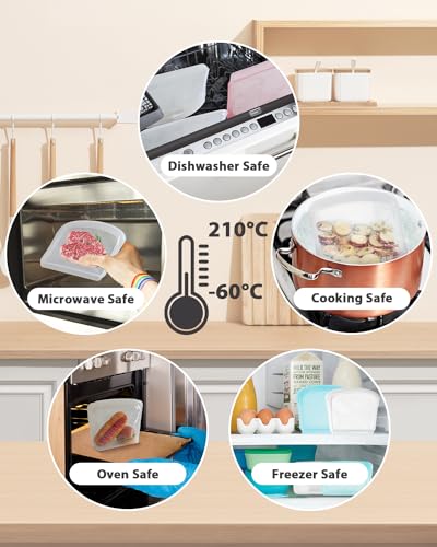 6 Pack Seal Top Silicone Food Storage Bags Microwave Oven Safe (6P Flat - Clear & Rose Quartz / 6Pcs- 2x7oz/ 2x14oz/ 2x28oz)