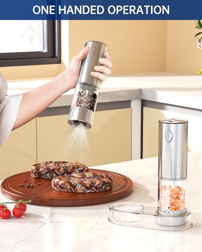 Electric Salt and Pepper Grinder Set Rechargeable Stainless Steel Salt and Pepper Shakers with LED Light and Storage Base (Silver)
