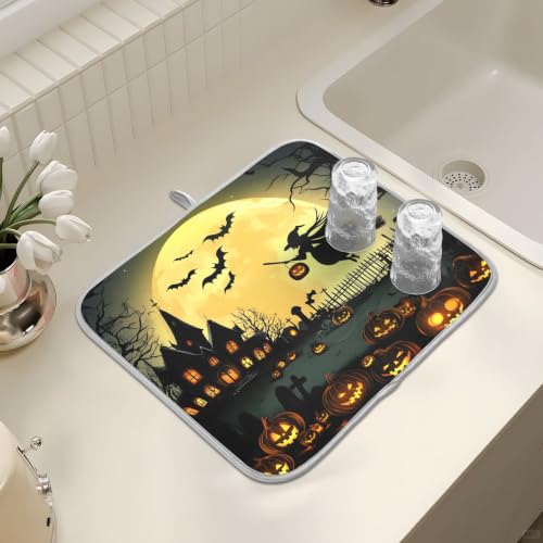Halloween Night Pumpkins Witch Dish Drying Mat for Kitchen Counter Absorbent Microfiber Small Drying Pad Dish mats for Kitchen Countertops 16 x 18 Inch (Halloween Night / 18" x 16")