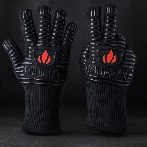 BBQ Grill Gloves Heat Proof for Men 932°F Grilling Fire Pit (Full Black / Mid Cuff - Medium Palm)