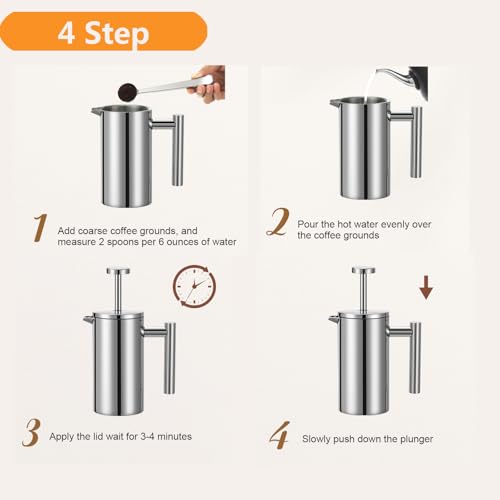Stainless Steel French Press Coffee Maker 1500ml (50 oz / Silver)