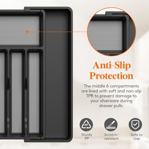 Extra Large Silverware Drawer Organizer (Black&Gray / XL Deep (13-22''W x 16.7''D))