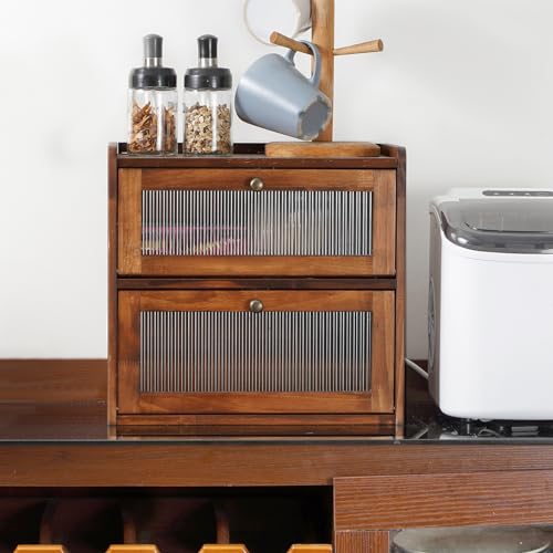 Bread Box for Kitchen Countertop Wooden Bread Storage Container Bin 2 Layer Breadbox Holder Large Capacity Keeper Vintage Farmhouse Food Organizer Pantry Shelf Acrylic Window (Brown)