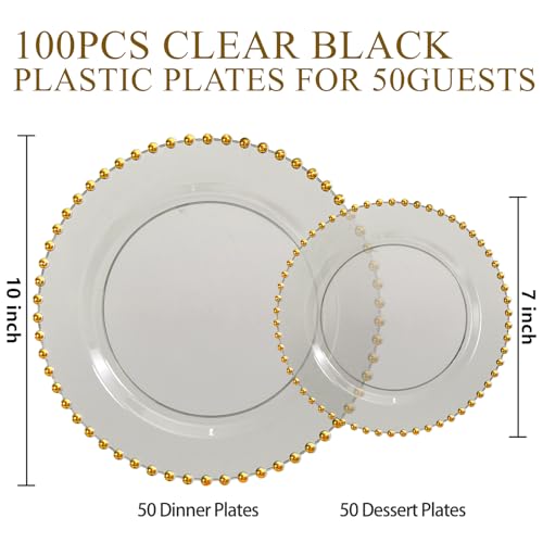 100pcs Elegant Clear Black Plastic Plates with Gold Beads for Gala (Clear Black and Gold Plastic Plates / 100PCS)