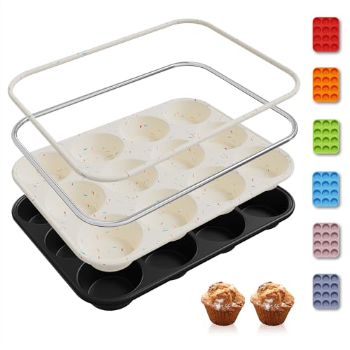 2 Pack 12 Cups Silicone Muffin Pan with Metal Reinforced Frame Regular Size Silicone Molds Cupcake Cake Baking Pans Cookie Baking Chocoflan Cupcake Mold Not Stainless Steel Ceramic Aluminum (2pc: 12-Cup Regular / Black and Cream)