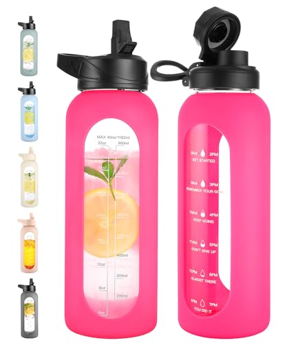 40 oz Glass Water Bottle with Straw (Camelia / 40 Ounces)