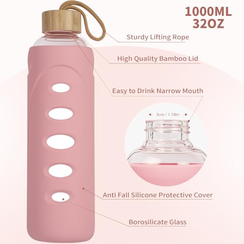 32 oz Narrow Mouth Glass Water Bottle with Windowed Silicone Sleeve (Pink)