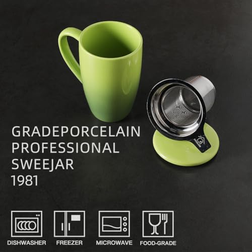 Sweejar Porcelain Tea Mug with Infuser and Lid (Gradient Green / Tea Cup(16 Fl Oz))