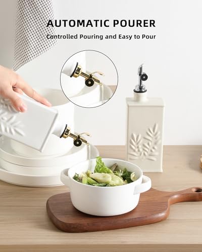 Sweejar Ceramic Olive Oil Dispenser Bottle for Kitchen (17 Oz(Silver Spout) / Beige)