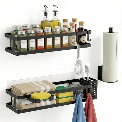 5-in-1 16.5" Extra Long Kitchen Organizer & Shower Caddy Set, Wall Mount Spice Rack with Paper Towel Holder, Utensil Holder & Soap Dish, Rustproof Mesh - Matte Black, Guardrail (Matte Black / 5-in-1 Minimalist (16.5" Extra Long))