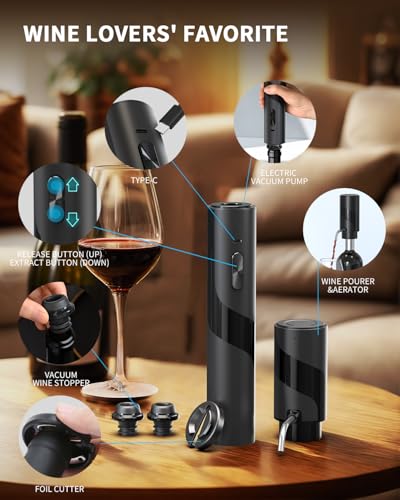 Electric Wine Bottle Opener Set Rechargeable 6 (Premium Black / Electric Wine Aerator Set)