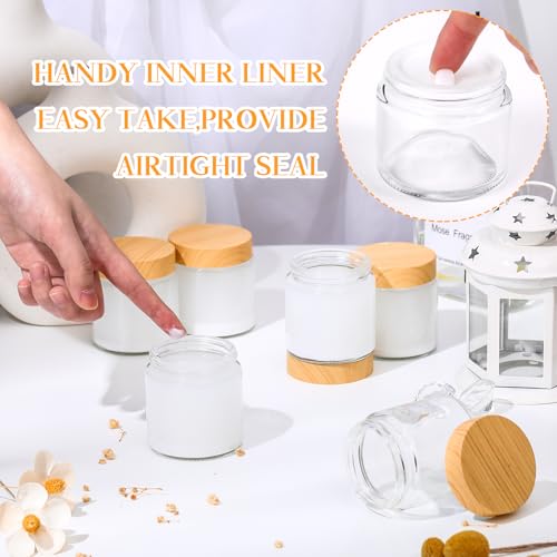 12 Pcs 4oz Glass Jars with Lids Empty Small Glass Containers and Inner Liners Reusable Cosmetic Jars Round Airtight Bottles with Plastic Wood Grain Lids for Travel (12 Count)