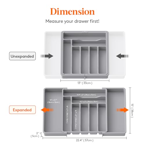 Expandable Silverware Drawer Organizer (Gray / XL (13"-22.4" W × 15"D))
