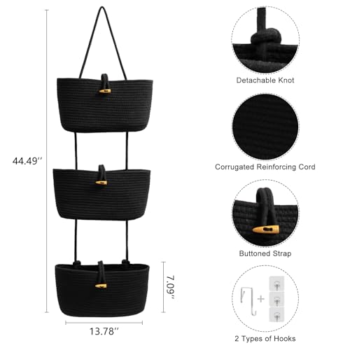 Over the Door Hanging Baskets with Button Strap (Black / 3 tier+Button)
