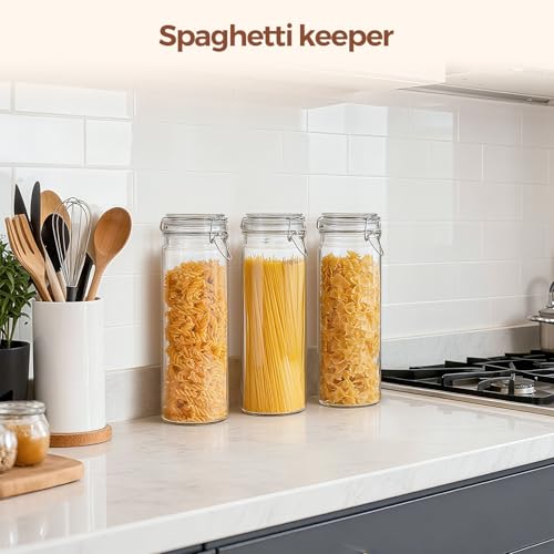 Tall Glass Pasta Containers with Airtight Lids 68 oz 3 Pack Canister (68 fl oz x 3 - Tall)