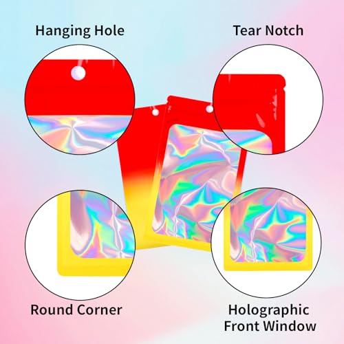 200 Pack Resealable Mylar Holographic Bags Food Storage Smell Proof Bags with Front Window Foil Packaging Pouch for Candy Sample Jewelry Small Business 4.72×7.87 Inch (200 Count)