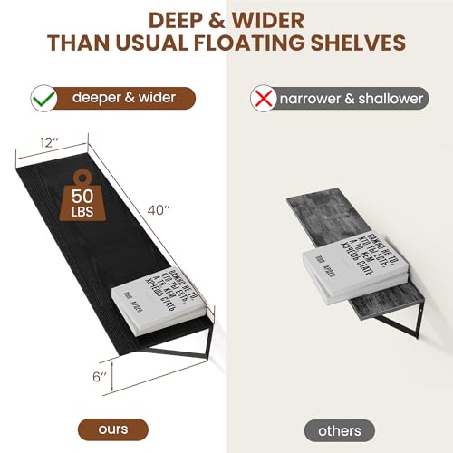 40W x 12D Deep Floating Shelves Set of 2 Black (Black With Black Metal Bracket / 40Wx12Dx5.8H)