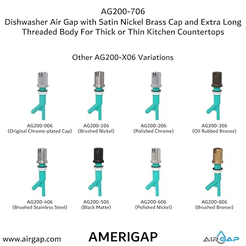 Dishwasher Air Gap with Skirted Satin Nickel Brass Cap and Extra Long Threaded Body for Thick or Thin Kitchen Countertops (AG200-706)