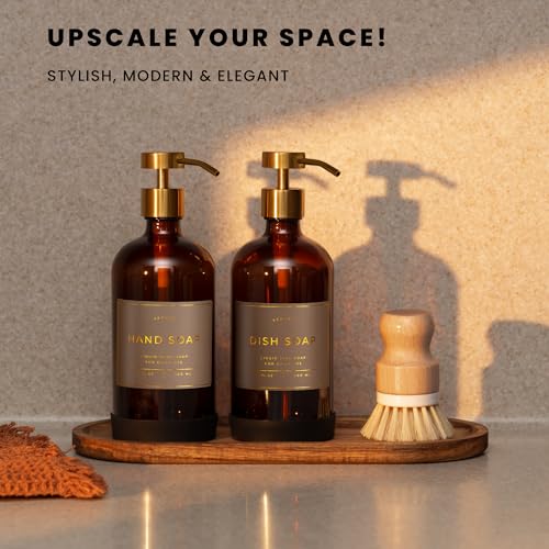 Hand and Dish Soap Dispenser for Kitchen and Bathroom (Amber Bottle / Brushed Gold Pump)