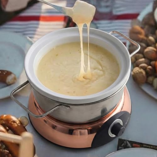 Electric Fondue Pot Set for Cheese (C. Stainless Steel/Ceramic Pots, Rose-gold Base)