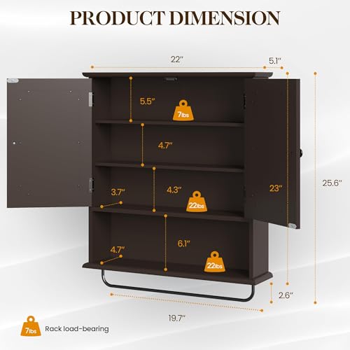 22x25 Bathroom Medicine Cabinet with Mirror (Brown / 5.1"D x 22"W x 25.6"H)