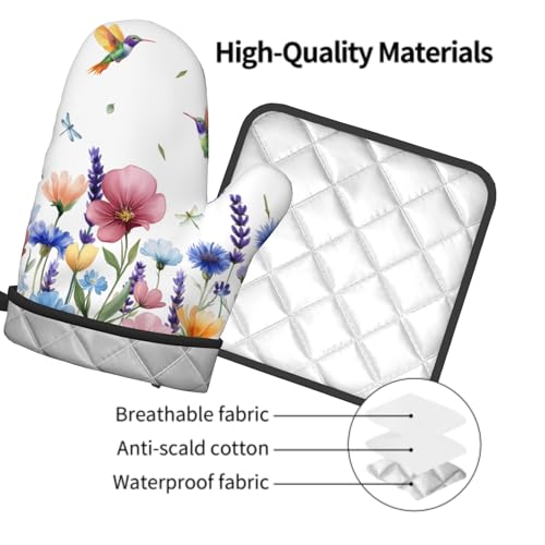 Spring Floral Oven Mitts and Pot Holder 2Pcs Hummingbird Flower Heat Resistant Kitchen Glove Washable Potholder for Baking Cooking Grilling (Hummingbird Flower)