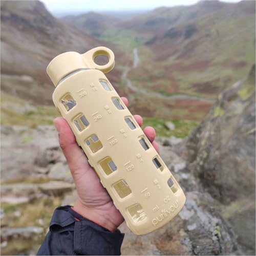 40oz / 32oz / 22oz / 12oz Borosilicate Glass Water Bottle with Time & Volume Markers, Silicone Sleeve, Stainless Steel Lid | Reusable Glass Bottle for Water & Juice (12oz Pearled Ivory) (Pearled Ivory (1 Count) / 12 Ounces)