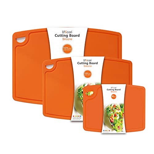 Silicone Thick Cutting Boards Mats Set of 3pcs Foldable & Flexible Design Juice Grooves Easy Grip Handle Dishwasher Safe for Kitchen (9.1"L x 7.1"W, 12.6"L x 9.1"W & 14.6"L x 10.4"W / Orange)