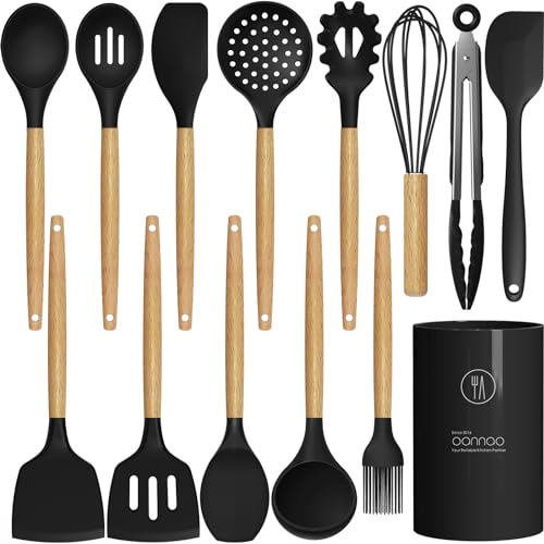 Silicone Cooking Utensils Set Utensil Sets (Black)
