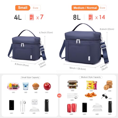 NOL Insulated Lunch Bags for Women Cooler Bag Lightweight Nylon Waterproof Lunch Box for Work Small Navy Blue 4L (Navy Blue / Small (4 Liters))