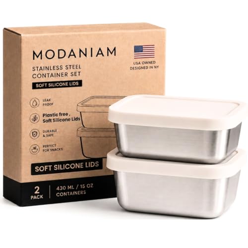 Flexibento Stainless Steel Snack Container Set with Silicone Lids (A-Vanilla Set of Two: 2*14 OZ)